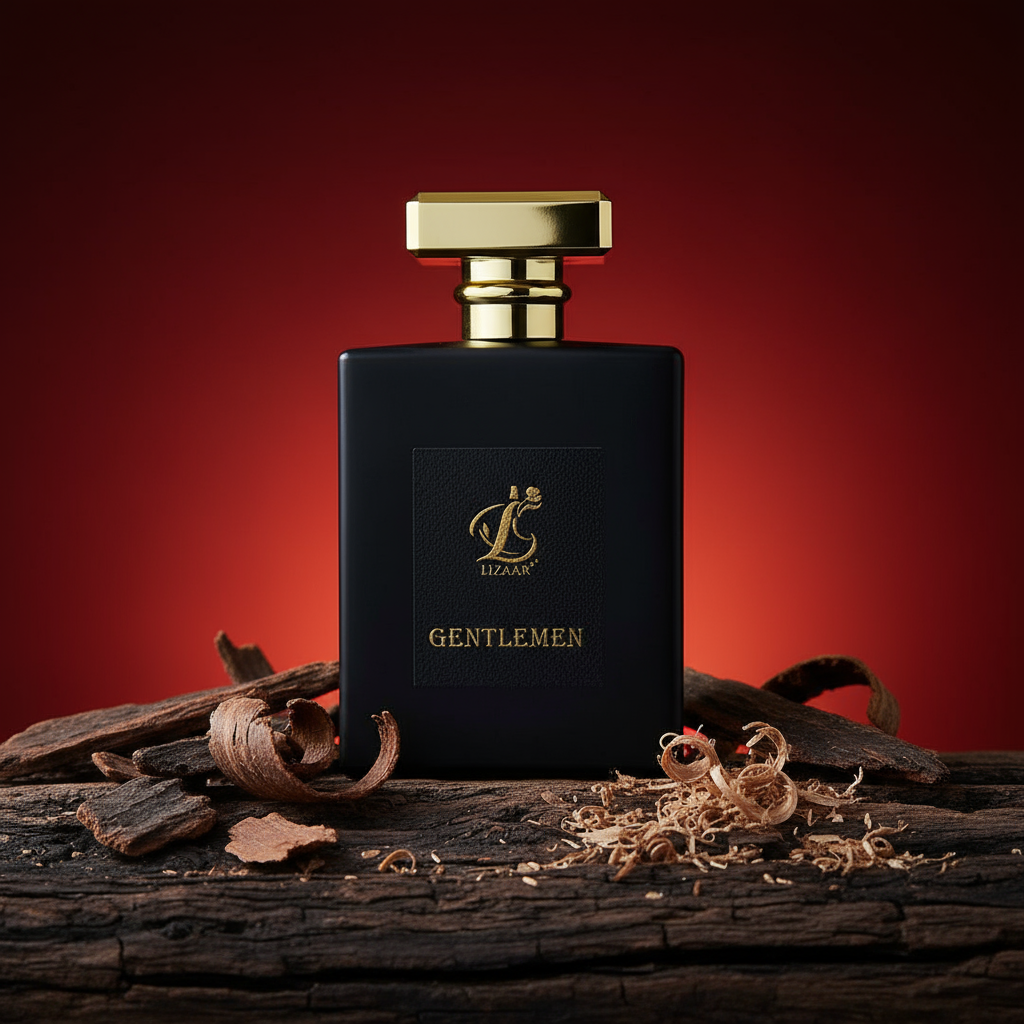 Lizaar Gentlemen luxury long-lasting woody perfume for men on a rustic wooden base with red background.
